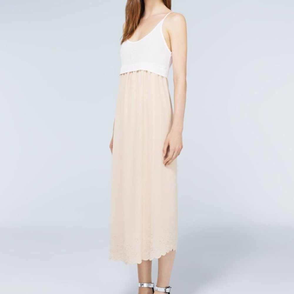 Aritzia Wilfred Silk Bisous Cream & Tan Midi Dress